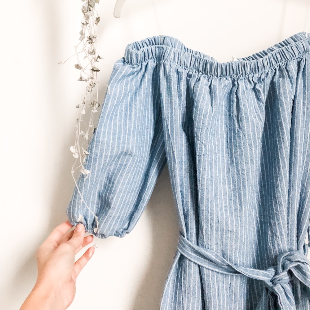 Blue White Stripe M Midi Off Shoulder Dress Puffy